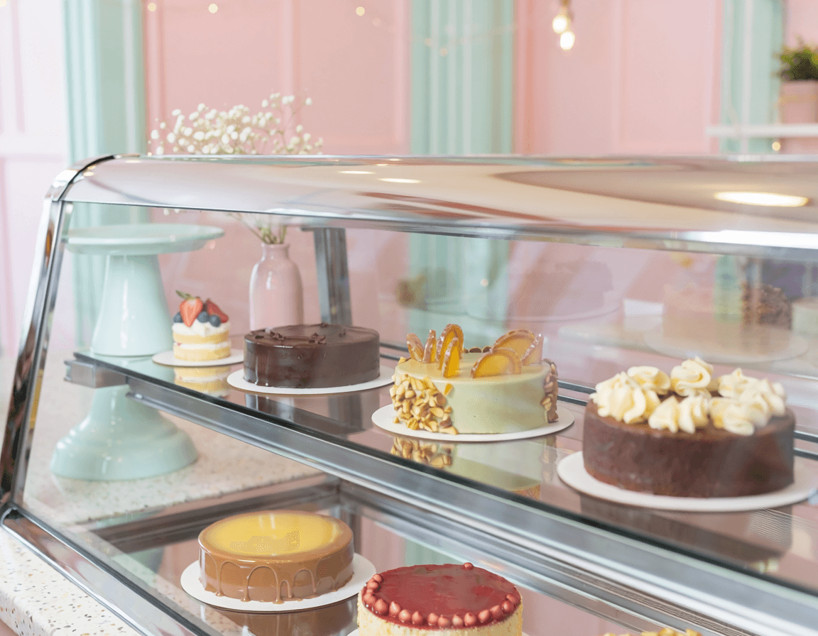 Vitrina llena de pasteles