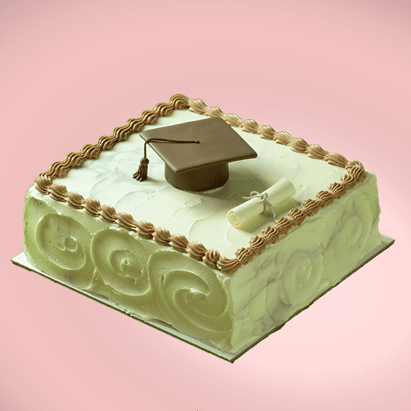 Marble graduation-themed cake with a fondant cap
